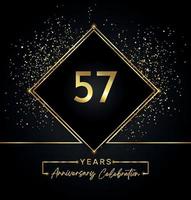 Celebrazione dell'anniversario di 57 anni con cornice dorata e glitter dorati su sfondo nero. disegno vettoriale per biglietto di auguri, festa di compleanno, matrimonio, festa evento, invito. Logo dell'anniversario di 57 anni.