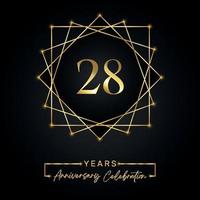 28 anni di design per la celebrazione dell'anniversario. Logo del 28° anniversario con cornice dorata isolata su sfondo nero. disegno vettoriale per eventi di celebrazione dell'anniversario, festa di compleanno, biglietto di auguri.