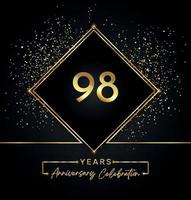 Celebrazione dell'anniversario di 98 anni con cornice dorata e glitter dorati su sfondo nero. Logo dell'anniversario di 98 anni. disegno vettoriale per biglietto di auguri, festa di compleanno, matrimonio, festa evento, invito.
