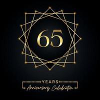 65 anni di design per la celebrazione dell'anniversario. Logo del 65° anniversario con cornice dorata isolata su sfondo nero. disegno vettoriale per eventi di celebrazione dell'anniversario, festa di compleanno, biglietto di auguri.