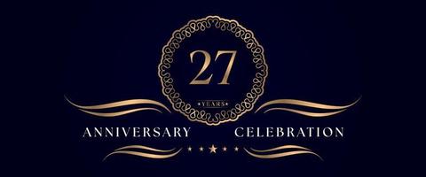 Celebrazione dell'anniversario di 27 anni con elegante cornice circolare isolata su sfondo blu scuro. disegno vettoriale per biglietto di auguri, festa di compleanno, matrimonio, festa evento, cerimonia. Logo dell'anniversario di 27 anni.