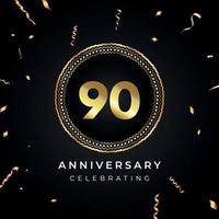 Celebrazione dell'anniversario di 90 anni con cornice circolare e coriandoli dorati isolati su sfondo nero. disegno vettoriale per biglietto di auguri, festa di compleanno, matrimonio, festa di eventi. Logo dell'anniversario di 90 anni.