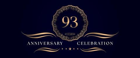 Celebrazione dell'anniversario di 93 anni con elegante cornice circolare isolata su sfondo blu scuro. disegno vettoriale per biglietto di auguri, festa di compleanno, matrimonio, festa evento, cerimonia. Logo dell'anniversario di 93 anni.