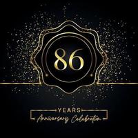 Celebrazione dell'anniversario di 86 anni con cornice a stella dorata isolata su sfondo nero. disegno vettoriale per biglietto di auguri, festa di compleanno, matrimonio, festa evento, biglietto d'invito. Logo dell'anniversario di 86 anni.