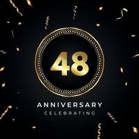 Celebrazione dell'anniversario di 48 anni con cornice circolare e coriandoli dorati isolati su sfondo nero. disegno vettoriale per biglietto di auguri, festa di compleanno, matrimonio, festa di eventi. Logo dell'anniversario di 48 anni.