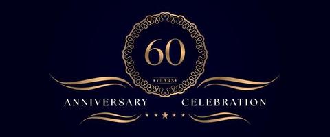 Celebrazione dell'anniversario di 60 anni con elegante cornice circolare isolata su sfondo blu scuro. disegno vettoriale per biglietto di auguri, festa di compleanno, matrimonio, festa evento, cerimonia. Logo dell'anniversario di 60 anni.