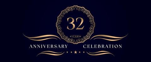 Celebrazione dell'anniversario di 32 anni con elegante cornice circolare isolata su sfondo blu scuro. disegno vettoriale per biglietto di auguri, festa di compleanno, matrimonio, festa evento, cerimonia. Logo dell'anniversario di 32 anni.