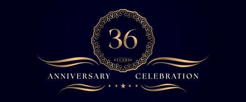 Celebrazione dell'anniversario di 36 anni con elegante cornice circolare isolata su sfondo blu scuro. disegno vettoriale per biglietto di auguri, festa di compleanno, matrimonio, festa evento, cerimonia. Logo dell'anniversario di 36 anni.