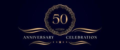 Celebrazione dell'anniversario di 50 anni con elegante cornice circolare isolata su sfondo blu scuro. disegno vettoriale per biglietto di auguri, festa di compleanno, matrimonio, festa evento, cerimonia. Logo dell'anniversario di 50 anni.