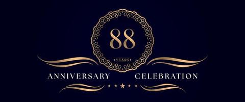 Celebrazione dell'anniversario di 88 anni con elegante cornice circolare isolata su sfondo blu scuro. disegno vettoriale per biglietto di auguri, festa di compleanno, matrimonio, festa evento, cerimonia. Logo dell'anniversario di 88 anni.