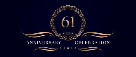 Celebrazione dell'anniversario di 61 anni con elegante cornice circolare isolata su sfondo blu scuro. disegno vettoriale per biglietto di auguri, festa di compleanno, matrimonio, festa evento, cerimonia. Logo dell'anniversario di 61 anni.