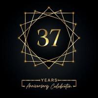 37 anni di design per la celebrazione dell'anniversario. 37 logo anniversario con cornice dorata isolata su sfondo nero. disegno vettoriale per eventi di celebrazione dell'anniversario, festa di compleanno, biglietto di auguri.