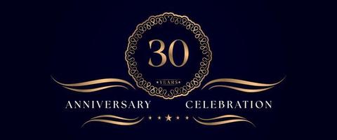 Celebrazione dell'anniversario di 30 anni con elegante cornice circolare isolata su sfondo blu scuro. disegno vettoriale per biglietto di auguri, festa di compleanno, matrimonio, festa evento, cerimonia. Logo dell'anniversario di 30 anni.