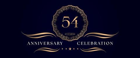 Celebrazione dell'anniversario di 54 anni con elegante cornice circolare isolata su sfondo blu scuro. disegno vettoriale per biglietto di auguri, festa di compleanno, matrimonio, festa evento, cerimonia. Logo dell'anniversario di 54 anni.