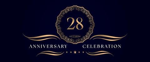 Celebrazione dell'anniversario di 28 anni con elegante cornice circolare isolata su sfondo blu scuro. disegno vettoriale per biglietto di auguri, festa di compleanno, matrimonio, festa evento, cerimonia. Logo dell'anniversario di 28 anni.