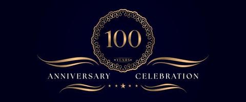 Celebrazione dell'anniversario di 100 anni con elegante cornice circolare isolata su sfondo blu scuro. disegno vettoriale per biglietto di auguri, festa di compleanno, matrimonio, festa evento, cerimonia. 100 anni di anniversario