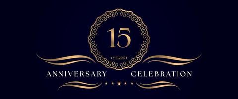 Celebrazione dell'anniversario di 15 anni con elegante cornice circolare isolata su sfondo blu scuro. disegno vettoriale per biglietto di auguri, festa di compleanno, matrimonio, festa evento, cerimonia. Logo dell'anniversario di 15 anni.