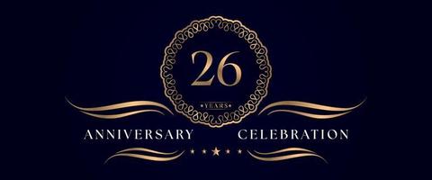 Celebrazione dell'anniversario di 26 anni con elegante cornice circolare isolata su sfondo blu scuro. disegno vettoriale per biglietto di auguri, festa di compleanno, matrimonio, festa evento, cerimonia. Logo dell'anniversario di 26 anni.