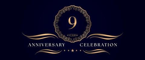 Celebrazione dell'anniversario di 9 anni con elegante cornice circolare isolata su sfondo blu scuro. disegno vettoriale per biglietto di auguri, festa di compleanno, matrimonio, festa evento, cerimonia. Logo dell'anniversario di 9 anni.