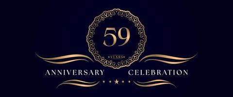 Celebrazione dell'anniversario di 59 anni con elegante cornice circolare isolata su sfondo blu scuro. disegno vettoriale per biglietto di auguri, festa di compleanno, matrimonio, festa evento, cerimonia. Logo dell'anniversario di 59 anni.