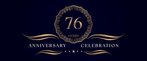 Celebrazione dell'anniversario di 76 anni con elegante cornice circolare isolata su sfondo blu scuro. disegno vettoriale per biglietto di auguri, festa di compleanno, matrimonio, festa evento, cerimonia. Logo dell'anniversario di 76 anni.