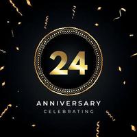 Celebrazione dell'anniversario di 24 anni con cornice circolare e coriandoli dorati isolati su sfondo nero. disegno vettoriale per biglietto di auguri, festa di compleanno, matrimonio, festa di eventi. Logo dell'anniversario di 24 anni.