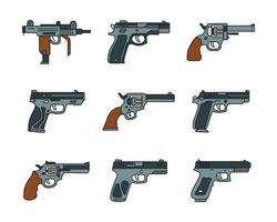una raccolta di illustrazioni di pistole. set di pistole militari nel disegno vettoriale