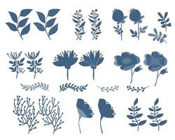 un insieme di elementi botanici. fiore, ramo con foglie, erba di campo. disegnato a mano, silhouette blu. piante naturali per il design vettore