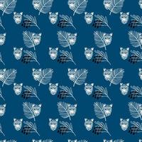 motivo tropicale senza cuciture con sagome di tigre e foglie esotiche su sfondo blu navy. illustrazione vettoriale monocromatica. stampa giungla per tessuti, carta da imballaggio, tessuto, scrapbooking.