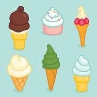 gelato e servizio morbido nei coni kawaii doodle piatto illustrazione vettoriale icona