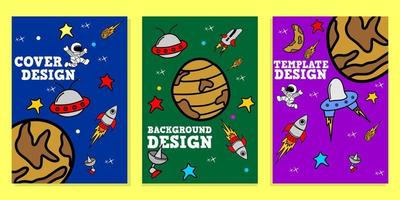 set di modelli di copertina a tema cartone animato spaziale con elementi a razzo, astronauta, pianeta e stella. design per la copertina del libro per bambini vettore