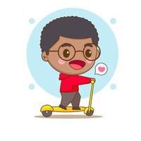 ragazzo carino e felice con gli occhiali in sella a uno scooter. personaggio dei cartoni animati di chibi. illustrazione di arte vettoriale
