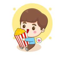 ragazzo carino e felice che mangia popcorn. personaggio dei cartoni animati di chibi. illustrazione di arte vettoriale