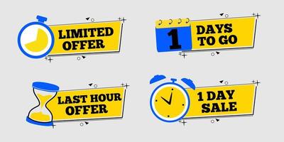 set di badge pubblicitari di sconto di colore giallo e blu. banner con testo offerta limitata, offerta last hour, un giorno di vendita vettore