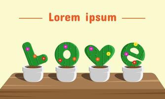 cactus a forma di lettera in un vaso che forma la parola amore e c'è un'area di copia spazio. adatto per striscioni, biglietti di auguri, ecc vettore