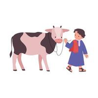 personaggio dei cartoni animati di bambini con animale sacrificale sulla celebrazione di eid al-adha mubarak. illustrazione piatta di mucca, pecora, agnello, capra, cammello. vettore