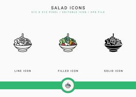 Le icone dell'insalata hanno messo l'illustrazione di vettore con lo stile della linea dell'icona solido. concetto di ingredienti vegani sani. icona del tratto modificabile su sfondo bianco isolato per il web design, l'interfaccia utente e l'app mobile