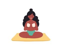 donna nera che medita nella posa del loto sulla stuoia di yoga. stile di vita sano, yoga, relax, esercizio di respirazione vettore