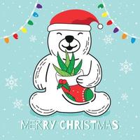 l'orso polare indossa il cappello di Babbo Natale e porta l'aloe vera in calzino rosso, illustrazione vettoriale di buon natale cartone animato