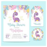 set di biglietti per baby shower con sottobicchiere e tag di ringraziamento. festa a tema bambina dinosauro vettore