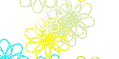 modello di doodle di vettore blu chiaro, giallo con fiori.