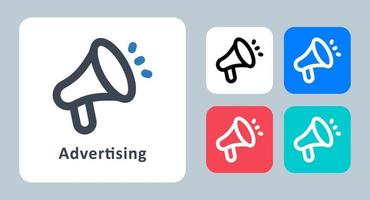 icona della pubblicità - illustrazione vettoriale. marketing, promozione, pubblicità, pubblicità, annunci, annuncio, megafono, megafono, affari, linea, contorno, piatto, icone. vettore