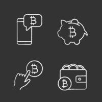 set di icone di gesso di criptovaluta bitcoin. chat bitcoin, salvadanaio, clic di pagamento in criptovaluta, portafoglio digitale. illustrazioni di lavagna vettoriali isolate
