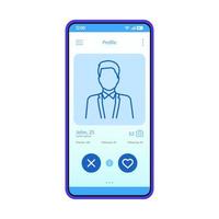 modello vettoriale dell'interfaccia del profilo dell'app di incontri. layout di design blu dell'interfaccia dell'app mobile. applicazione per smartphone per appuntamenti online. interfaccia utente piatta. display del telefono con le informazioni sul profilo dell'uomo