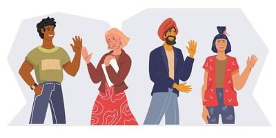 gruppo di personaggi multirazziali che agitano le mani, illustrazione vettoriale piatta isolata su sfondo bianco. concetto di diversità e amicizia multirazziale.