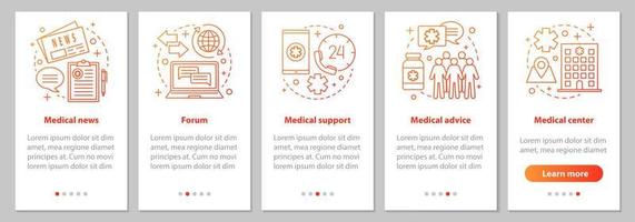 schermata della pagina dell'app mobile di onboarding di medicina e assistenza sanitaria con concetti lineari. notizie mediche, forum, consulenza, clinica, istruzioni grafiche di passaggi di supporto. ux, ui, gui modello vettoriale con illustrazioni