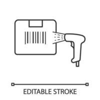 scansione dell'etichetta della scatola con l'icona lineare dello scanner di codici a barre. codice a barre del pacco. lettore di codici a barre palmare. illustrazione al tratto sottile. controllo dell'inventario. servizio di consegna. disegno vettoriale isolato. tratto modificabile