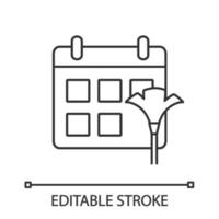 icona lineare del programma di pulizia. illustrazione al tratto sottile. calendario con scopa. simbolo di contorno. disegno di contorno isolato vettoriale. tratto modificabile vettore