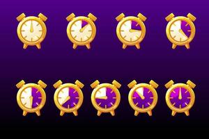 barra della linea del tempo, icone dell'orologio per il gioco. illustrazione vettoriale set indicatore della linea di controllo viola per gui.