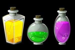 set di pozioni magiche vettoriali isolate in bottiglie di vetro. icone di veleno o elisir in flaconi di forme diverse.